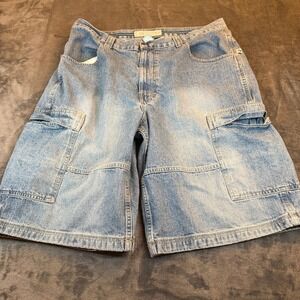 PHYS SCI Denim Cargo Shorts Mens Size 36 Light Wash Relaxed Fit Baggy Y2K